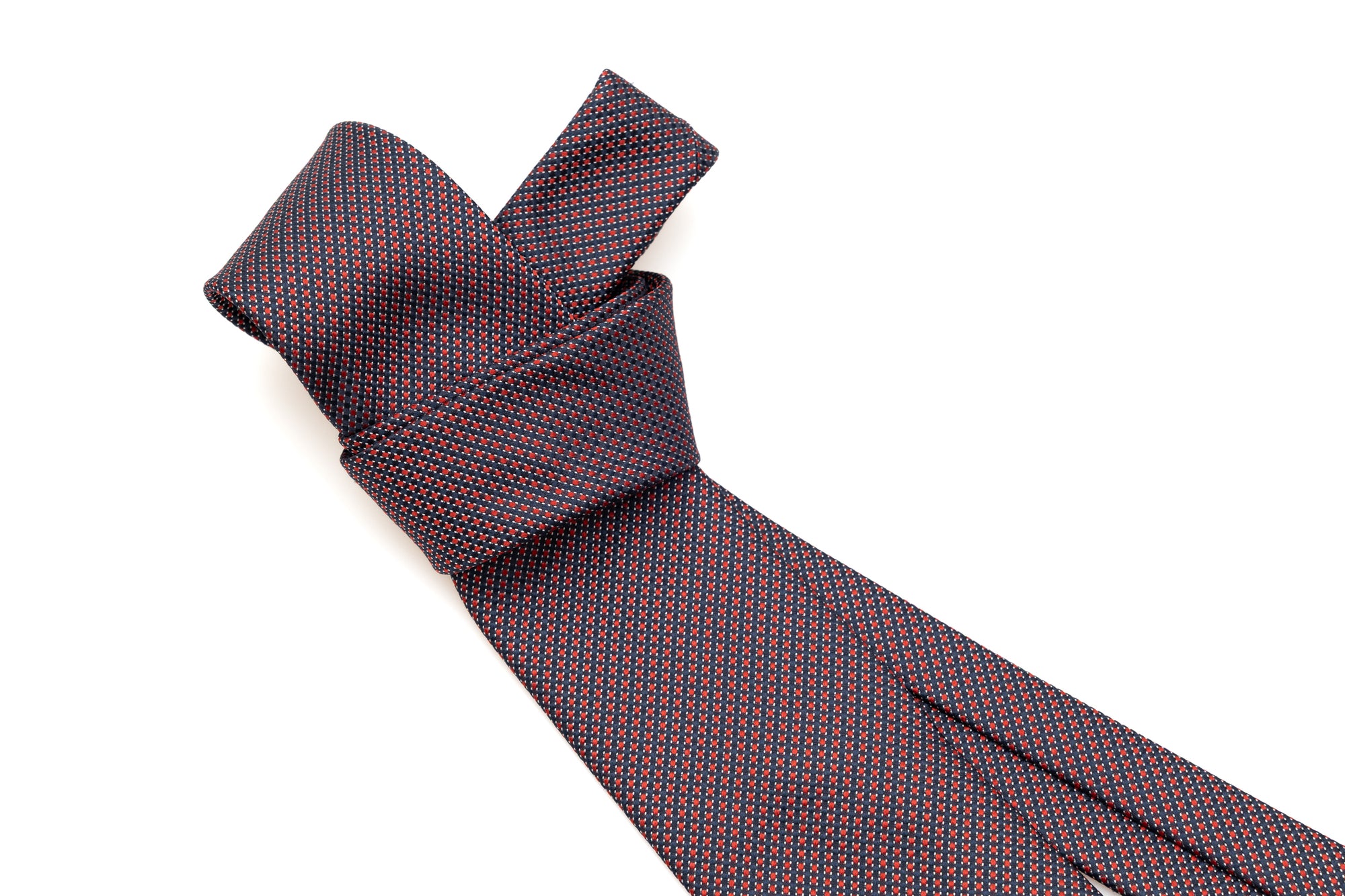 Blue background tie with embroidered red polka dots pure silk