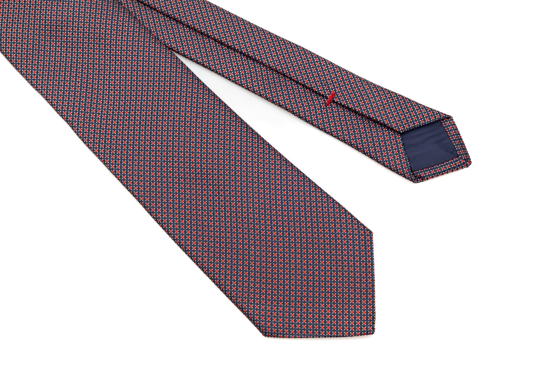 Blue background tie with embroidered red polka dots pure silk