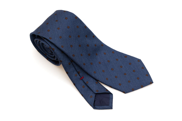 Blue tie with brown polka dots 100% silk
