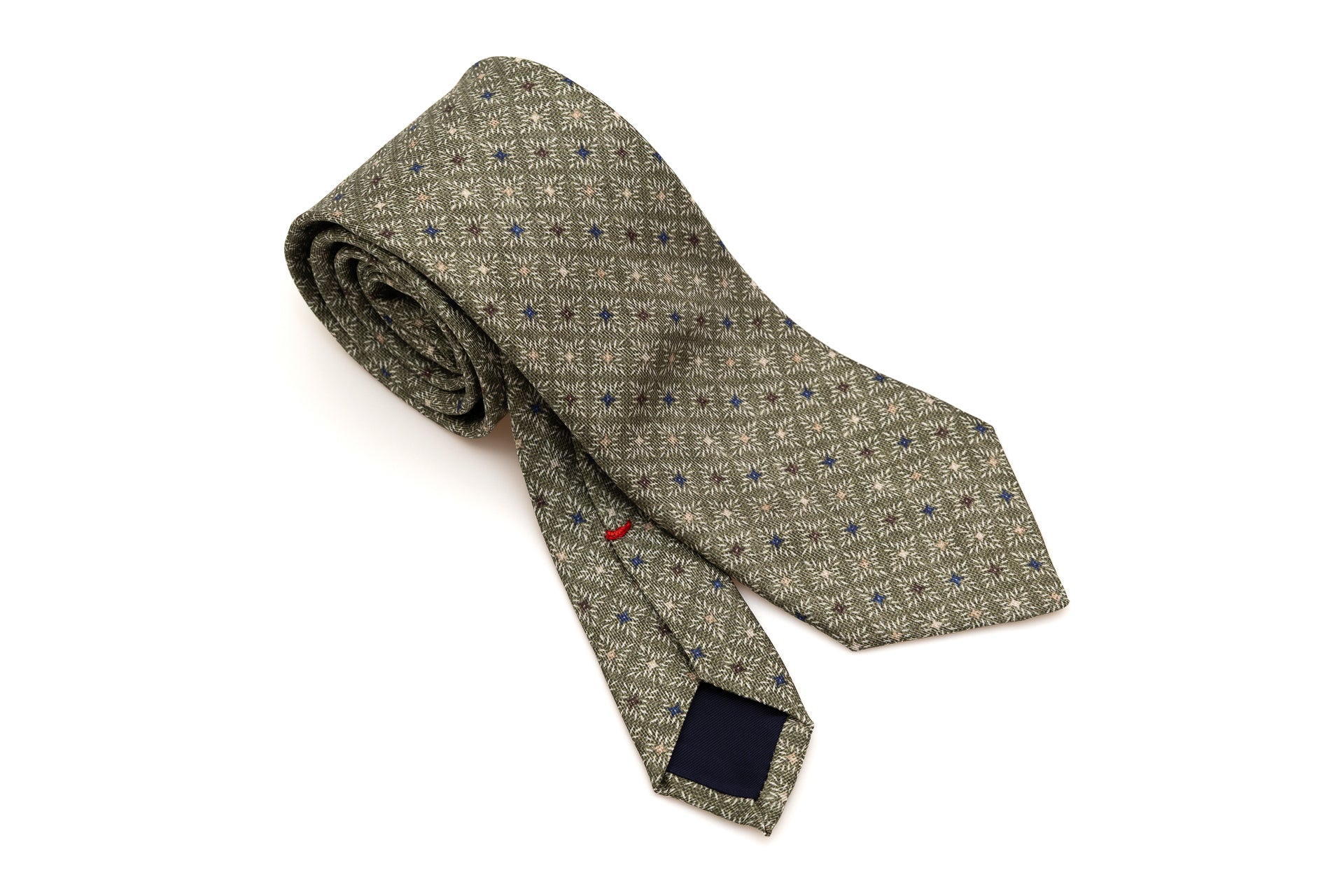 Olive green tie with geometric pattern pure silk