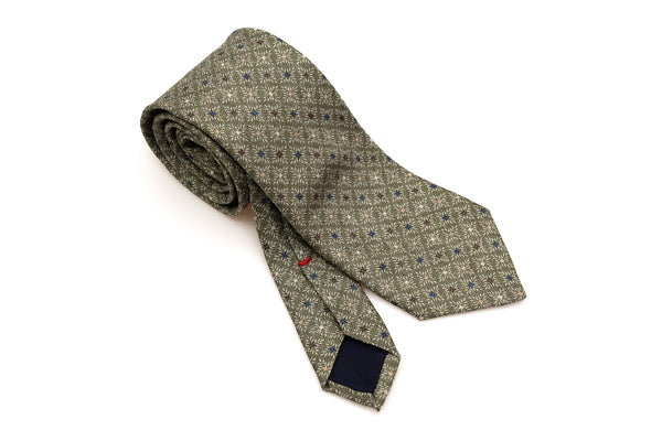 Olive green tie with geometric pattern pure silk