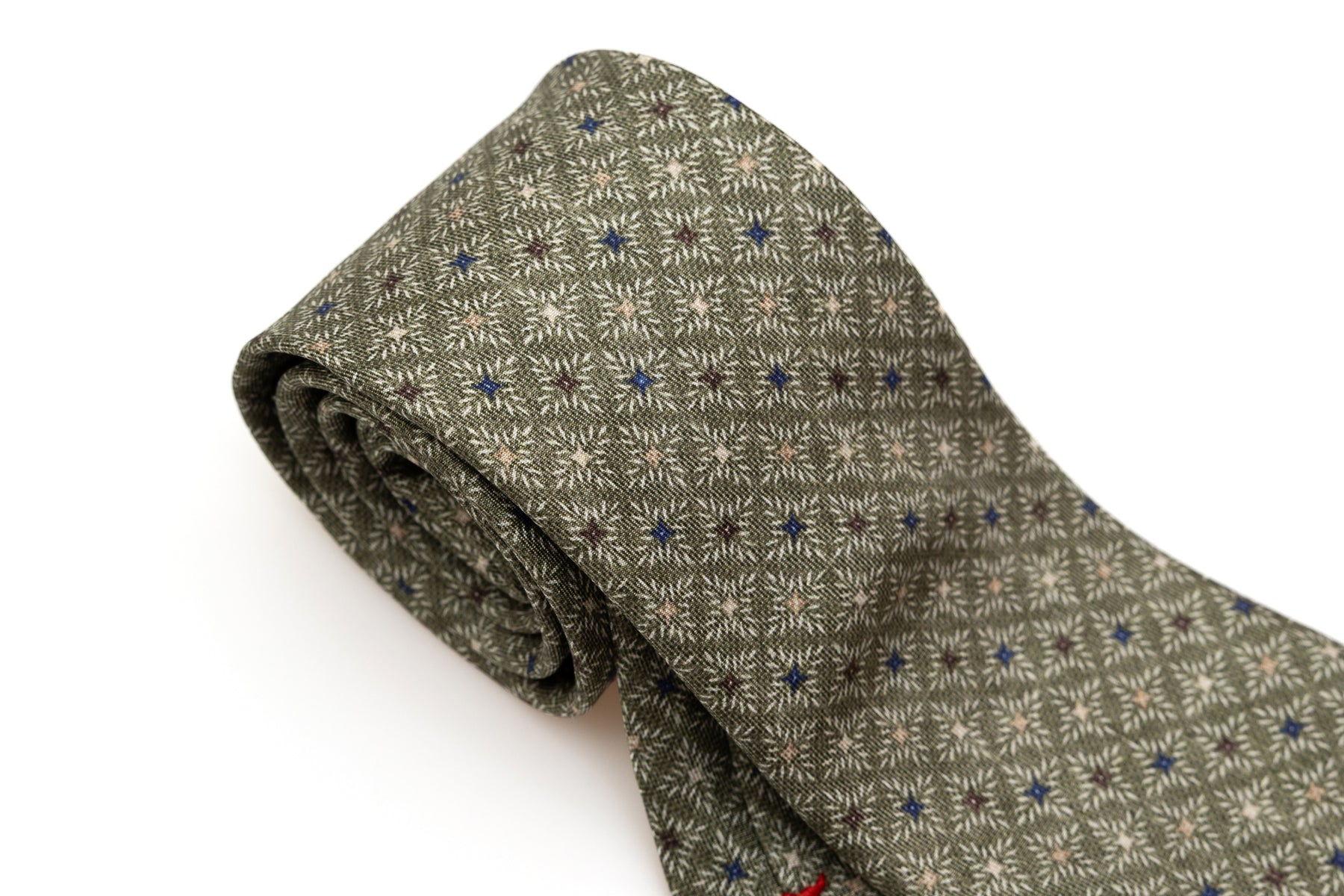 Olive green tie with geometric pattern pure silk