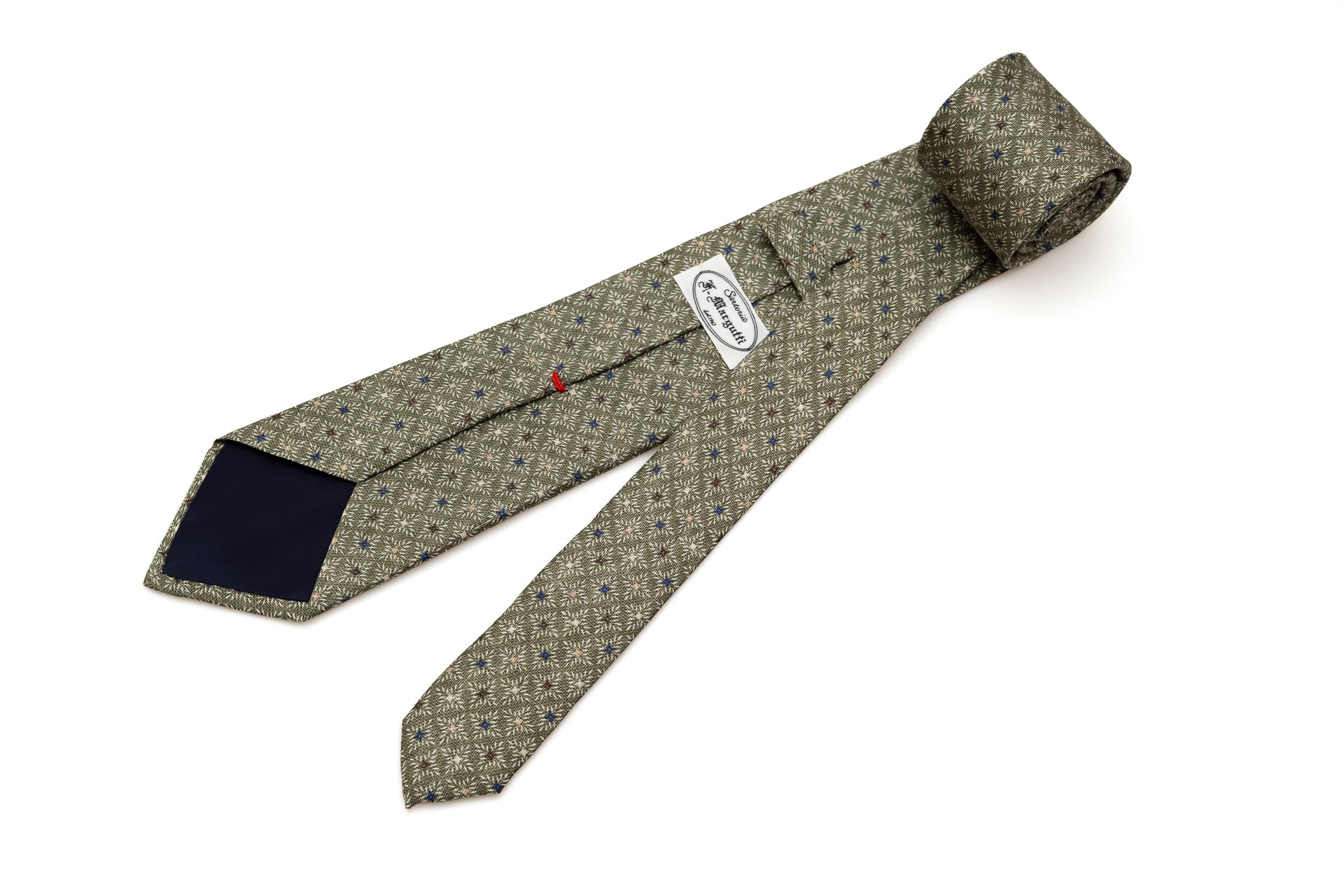 Olive green tie with geometric pattern pure silk