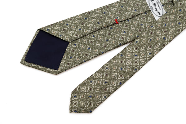 Olive green tie with geometric pattern pure silk