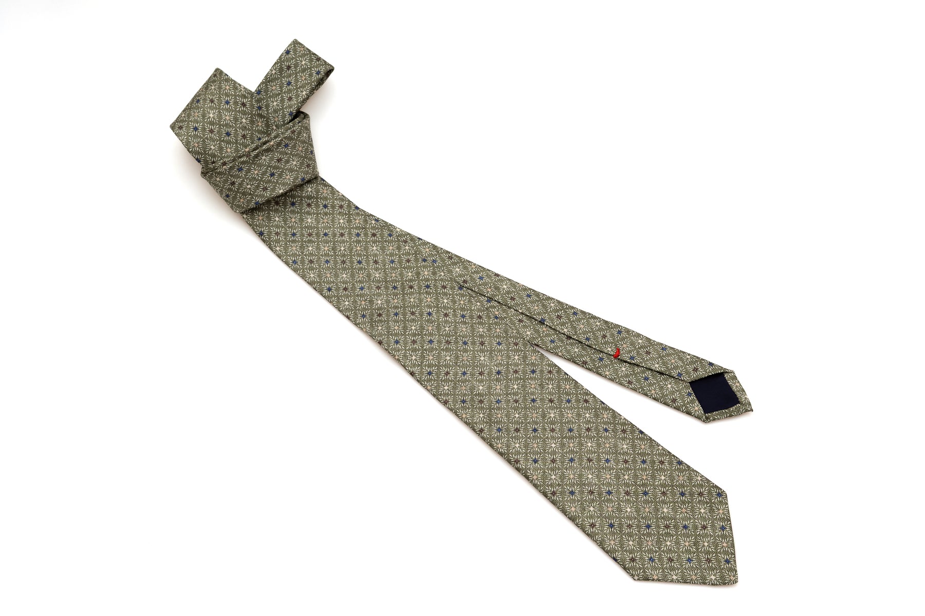 Olive green tie with geometric pattern pure silk