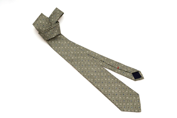 Olive green tie with geometric pattern pure silk