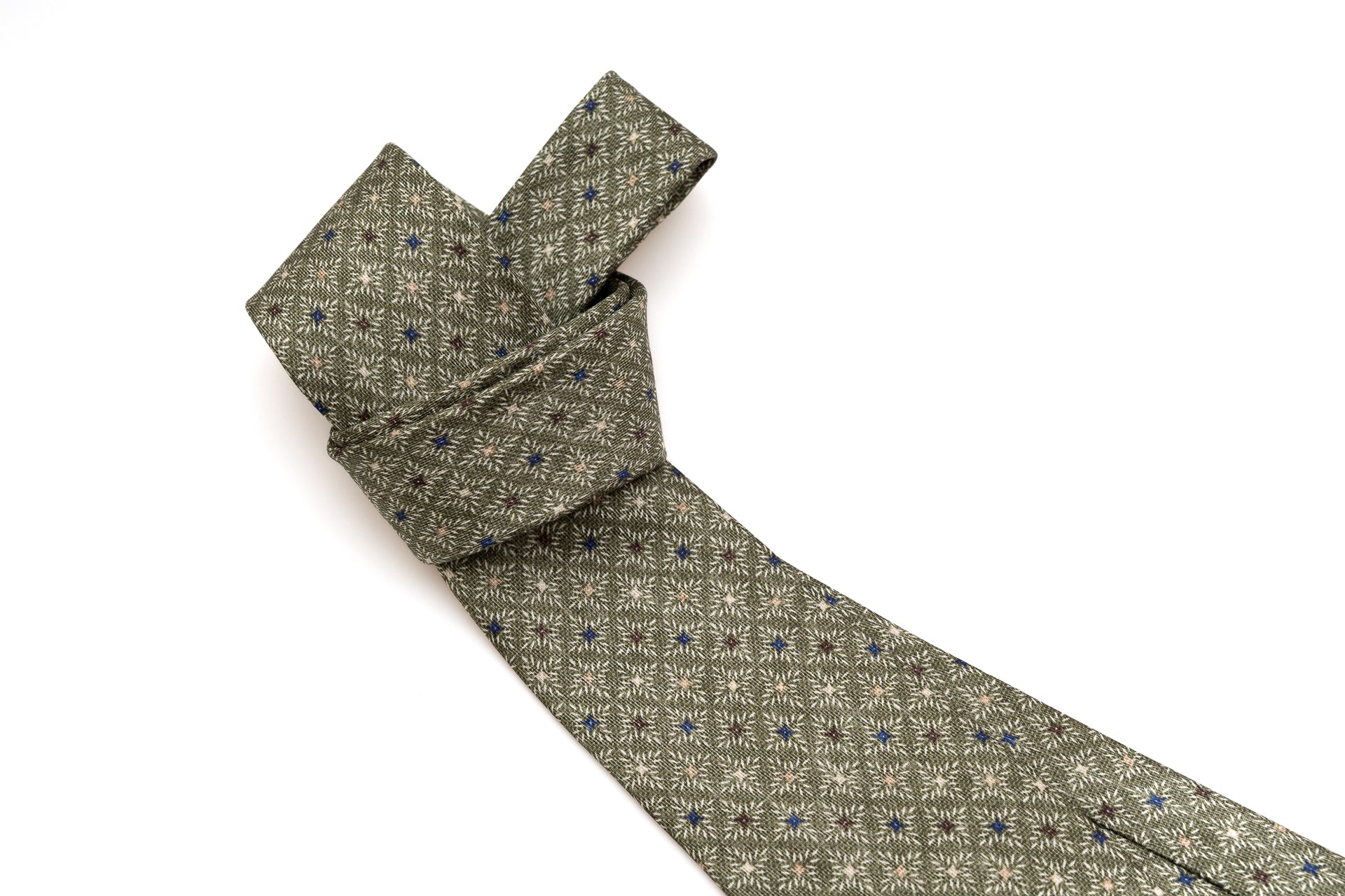 Olive green tie with geometric pattern pure silk