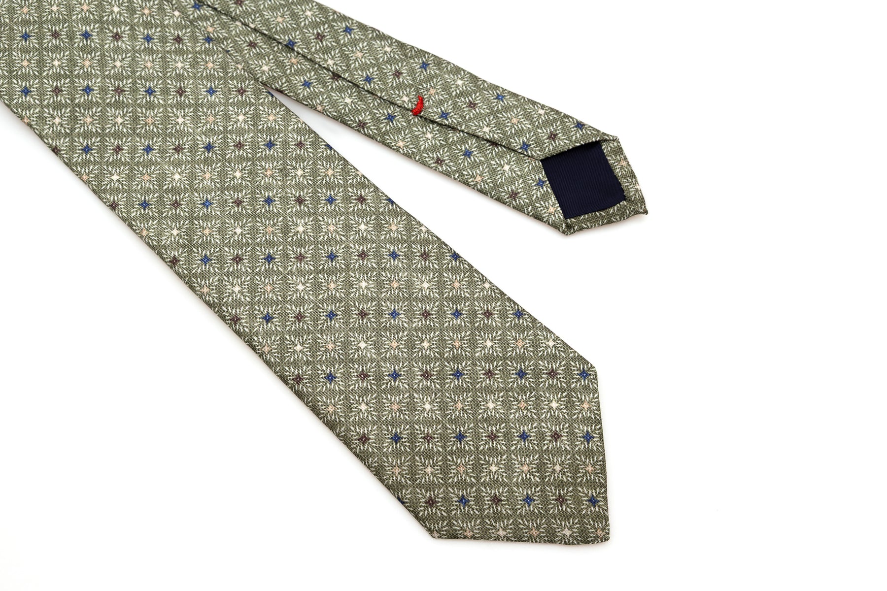 Olive green tie with geometric pattern pure silk