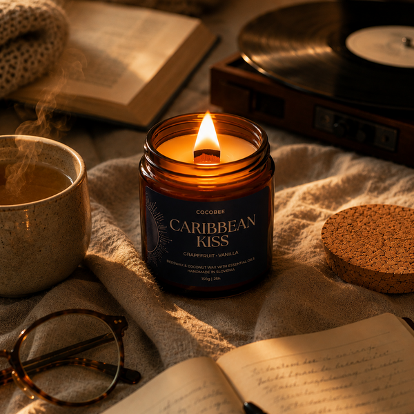 Caribbean Kiss CocoBee candle in a cozy reading setting