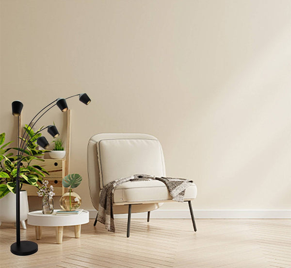 Zwarte Chericoni Tavola vloerlamp, 5 lichts met E27 fitting, perfect voor sfeervolle verlichting in grotere ruimtes.
