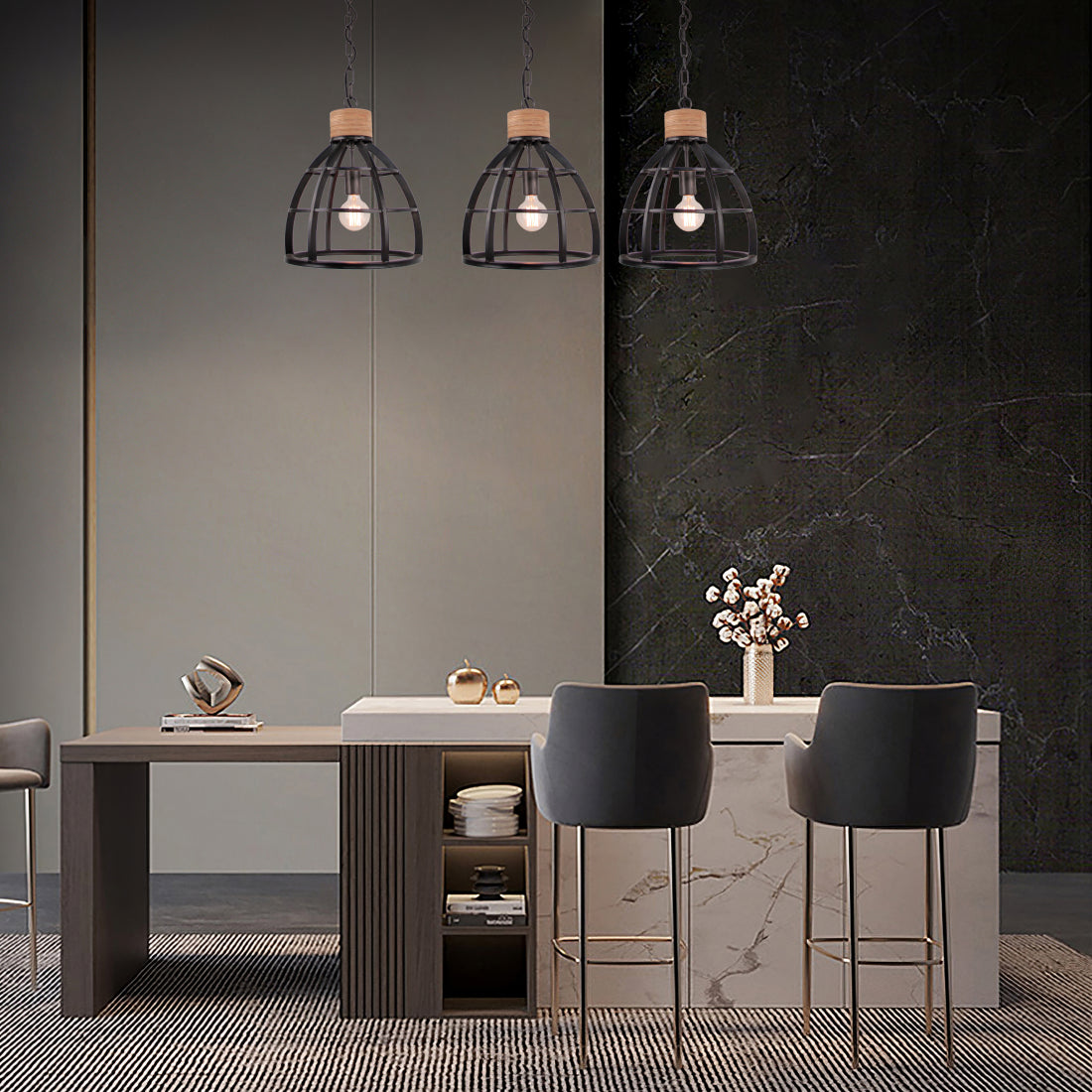 Moderne 3-lichts hanglamp Chericoni Aperto – Ø34 cm – industrieel met hout