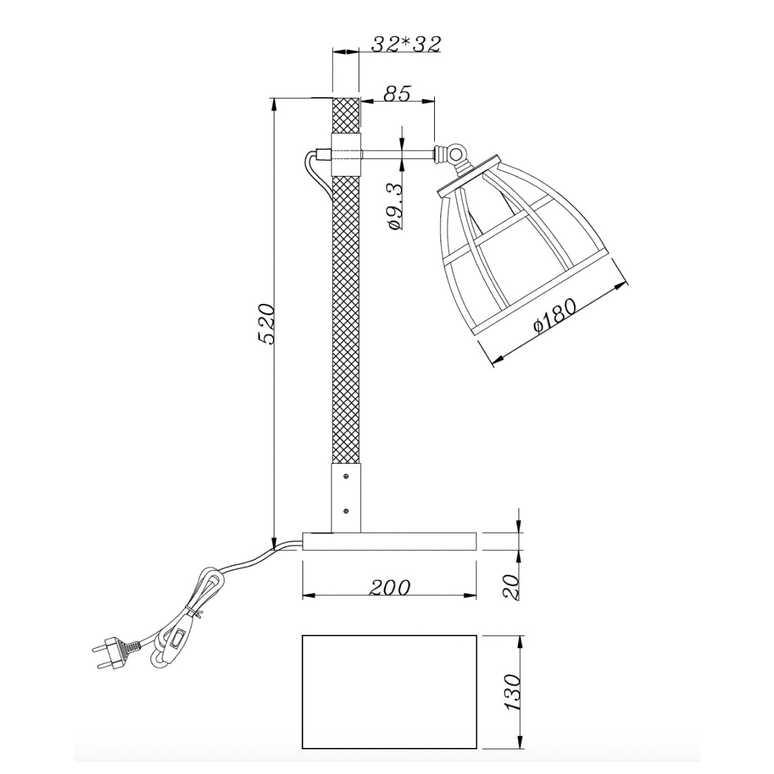 Technische tekening van de Chericoni Aperto tafellamp Ø18 cm met afmetingen en E27 fitting.