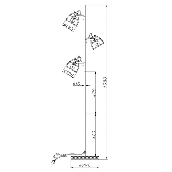 Technische tekening van de Chericoni Aperto vloerlamp 3-lichts met afmetingen en E14 fitting.