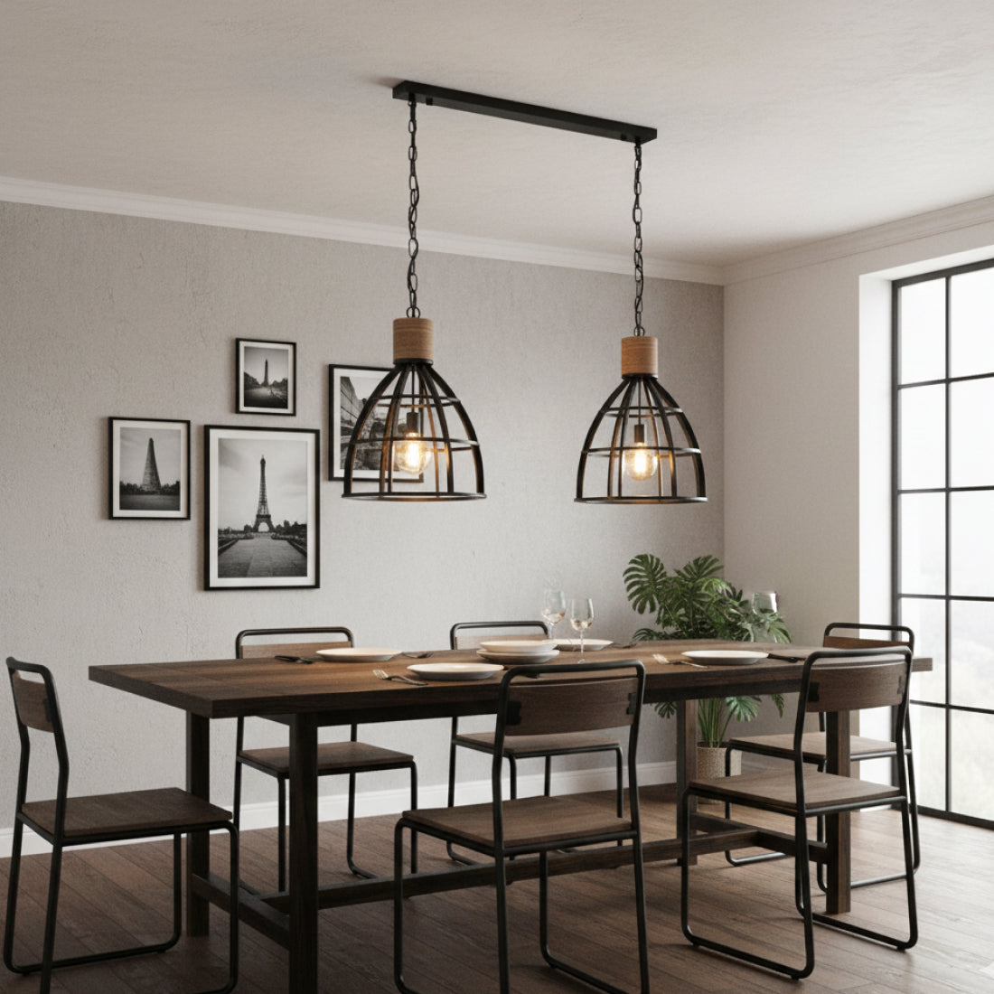 Article de seconde chance - Lampe suspendue Chericoni Aperto - 2 lumières - Ø47,5 cm - Noir/Bois