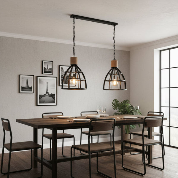 Article de seconde chance - Lampe suspendue Chericoni Aperto - 2 lumières - Ø47,5 cm - Noir/Bois