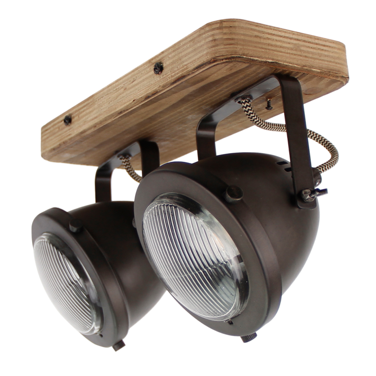 Schwarzer Chericoni Bella Deckenstrahler mit Vintage-Holz, Ø13 cm, 2-flammig, für funktionale und zugleich stilvolle Beleuchtung.