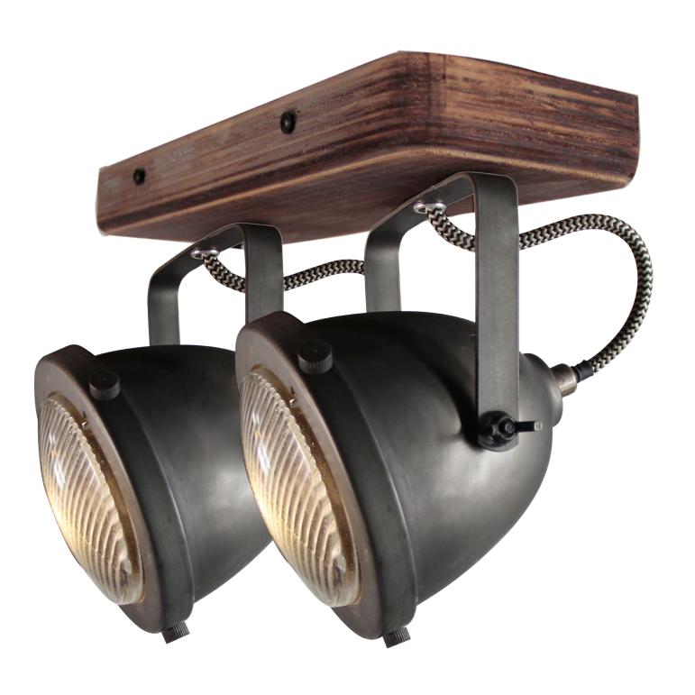 Chericoni Bella Spot-Deckenstrahler, Ø13 cm, 2-flammig, Black Steel mit Vintage Holz, perfekt für dekorative Lichtakzente.