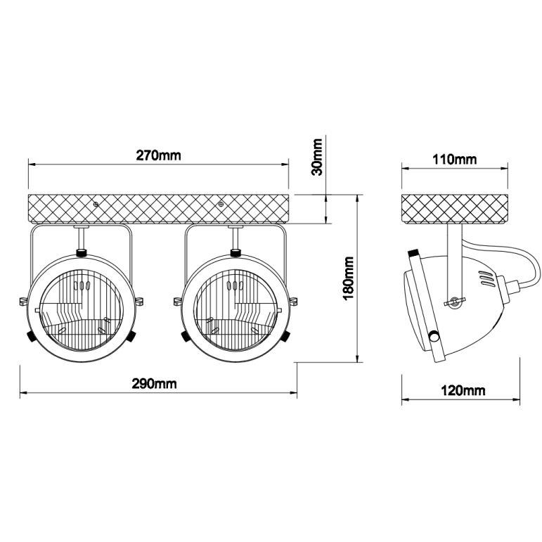 Chericoni Bella Deckenstrahler, Ø13 cm, 2-flammig, aus Black Steel mit Vintage Holz, setzt dekorative Akzentbeleuchtung im Raum.
