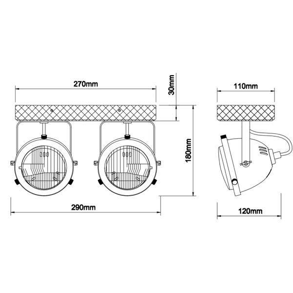 Chericoni Bella Deckenstrahler, Ø13 cm, 2-flammig, aus Black Steel mit Vintage Holz, setzt dekorative Akzentbeleuchtung im Raum.