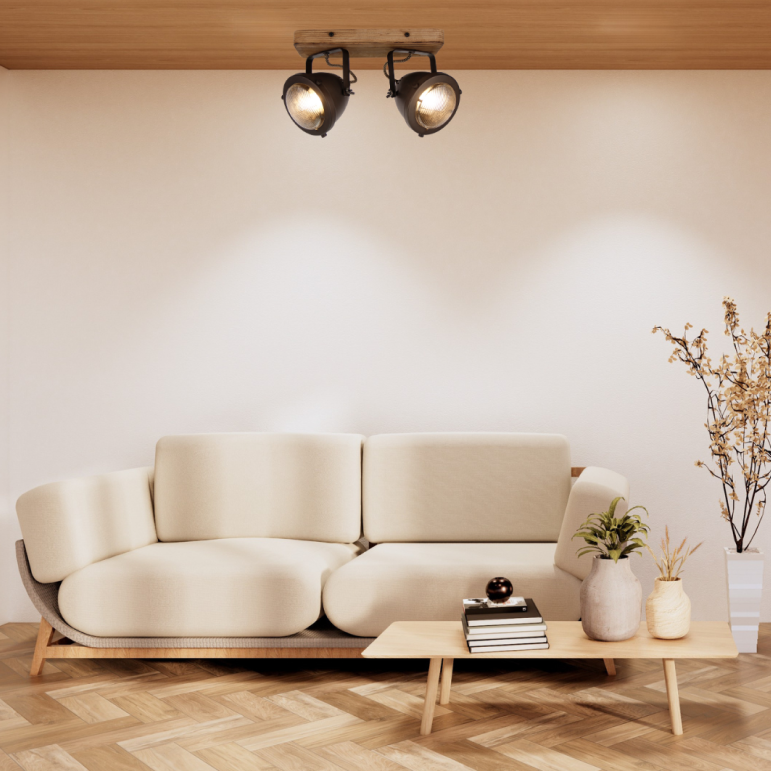 Moderne 2-flammige Chericoni Bella Deckenleuchte, Ø13 cm, Black Steel mit Vintage-Holz-Akzenten, ideal für Wohn- und Arbeitsbereiche.