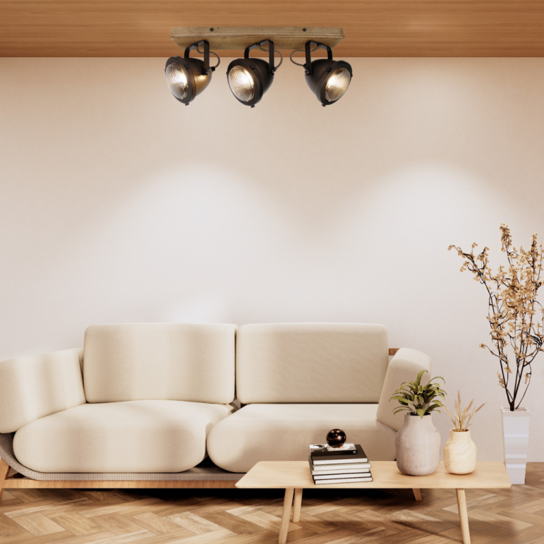 Moderne 3-flammige Chericoni Bella Deckenleuchte, Ø13 cm, Black Steel mit Vintage-Holz-Akzenten, ideal für Wohn- oder Arbeitsräume.