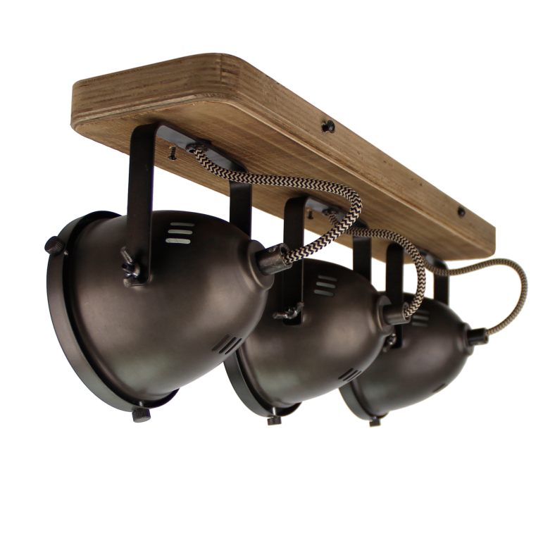 Schwarzer Chericoni Bella Deckenstrahler mit Vintage-Holz, Ø13 cm, 3-flammig, perfekt für funktionale und zugleich elegante Beleuchtung.