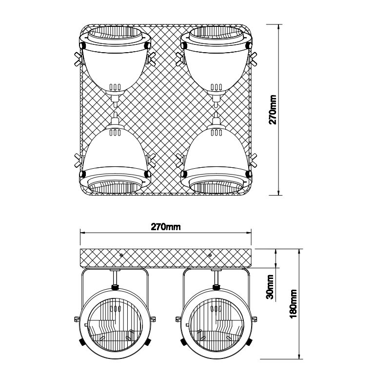 Chericoni Bella Deckenstrahler, Ø13 cm, 4-flammig, aus Black Steel mit Vintage Holz, verbindet dekoratives Design mit praktischer Lichtführung.
