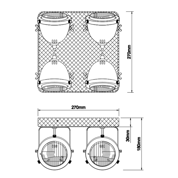 Chericoni Bella Deckenstrahler, Ø13 cm, 4-flammig, aus Black Steel mit Vintage Holz, verbindet dekoratives Design mit praktischer Lichtführung.