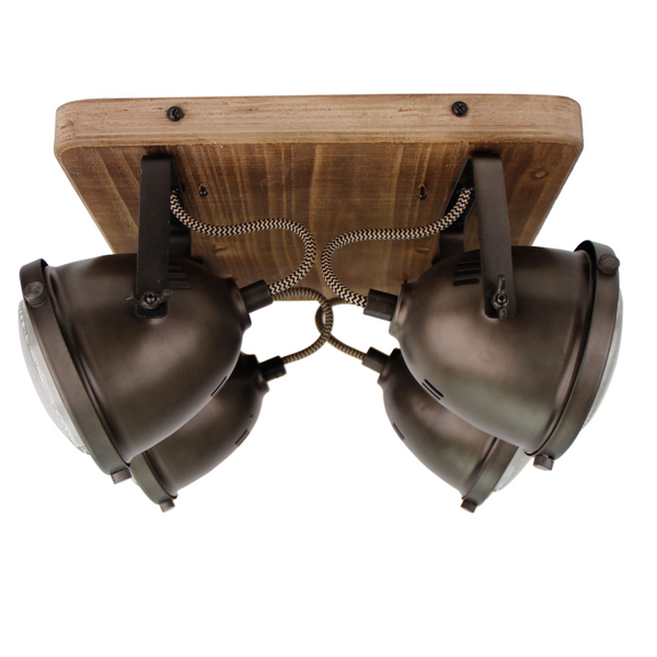 Schwarzer Chericoni Bella Deckenstrahler mit Vintage-Holz-Elementen, Ø13 cm, 4-flammig, perfekt für funktionale und elegante Raumbeleuchtung.