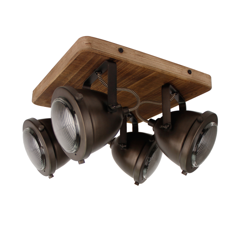 Stilvoller Chericoni Bella Deckenstrahler, Ø13 cm, 4-flammig, Black Steel mit Vintage-Holz-Details, ideal für moderne Wohnkonzepte.