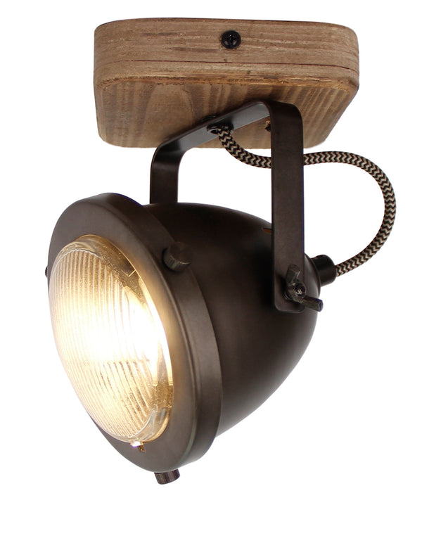 Chericoni Bella plafondspot, 1 licht, Ø 13 cm, GU10, zwart staal met vintage hout, modern en stijlvol voor elke ruimte.