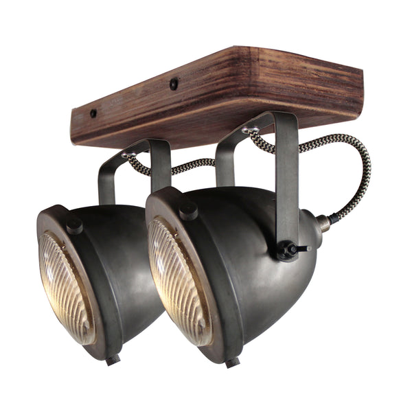Chericoni Bella plafondspot, 2 lichts, Ø 13 cm, GU10, black steel met vintage hout, stijlvolle en industriële verlichting voor elk interieur.