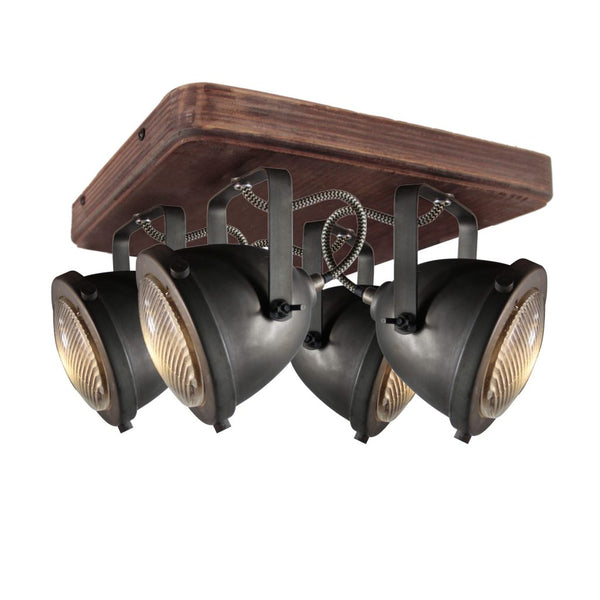 Chericoni Bella plafondspot, 4 lichts, Ø 13 cm, GU10, black steel met vintage hout, ideaal voor sfeervolle verlichting in moderne interieurs.