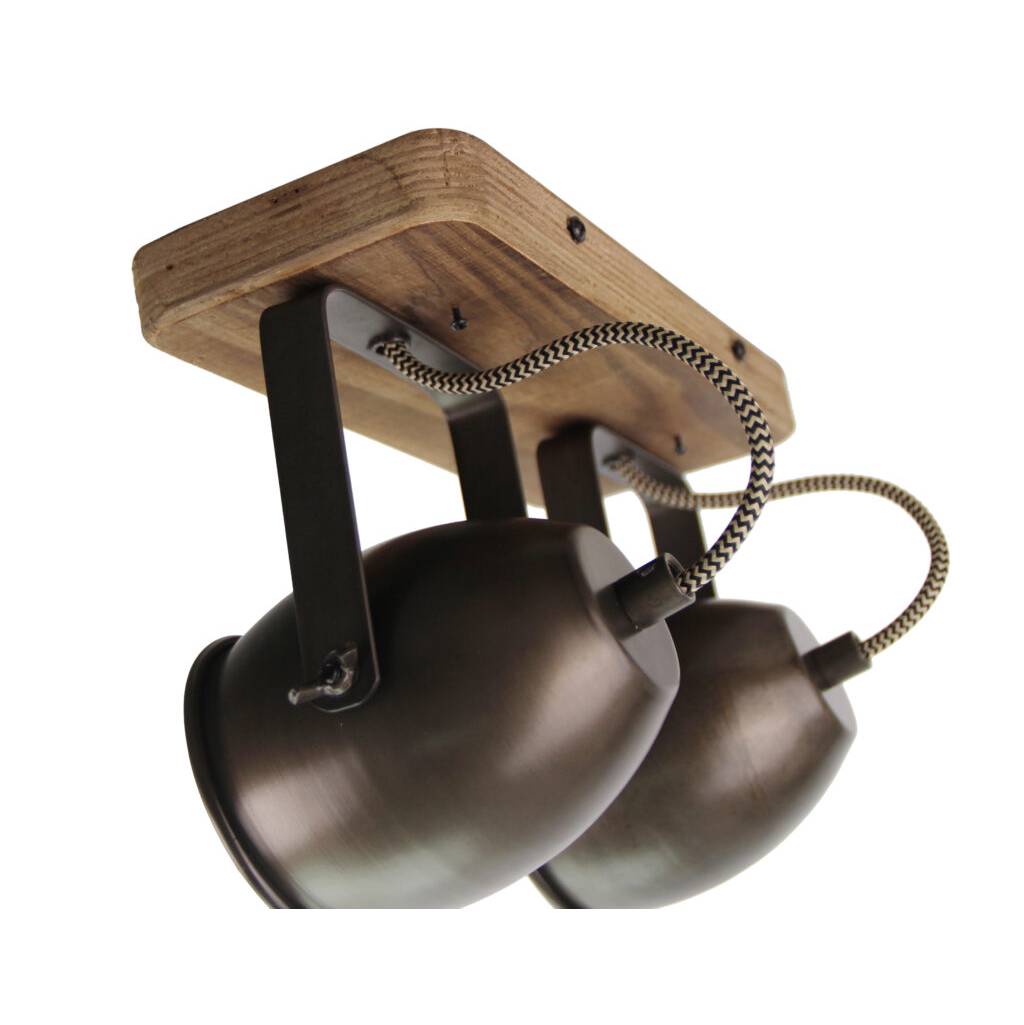 Zijaanzicht van Chericoni Dolce plafondspot met twee lichten, zwart met bronskleur en vintage houtaccent, Ø9 cm.