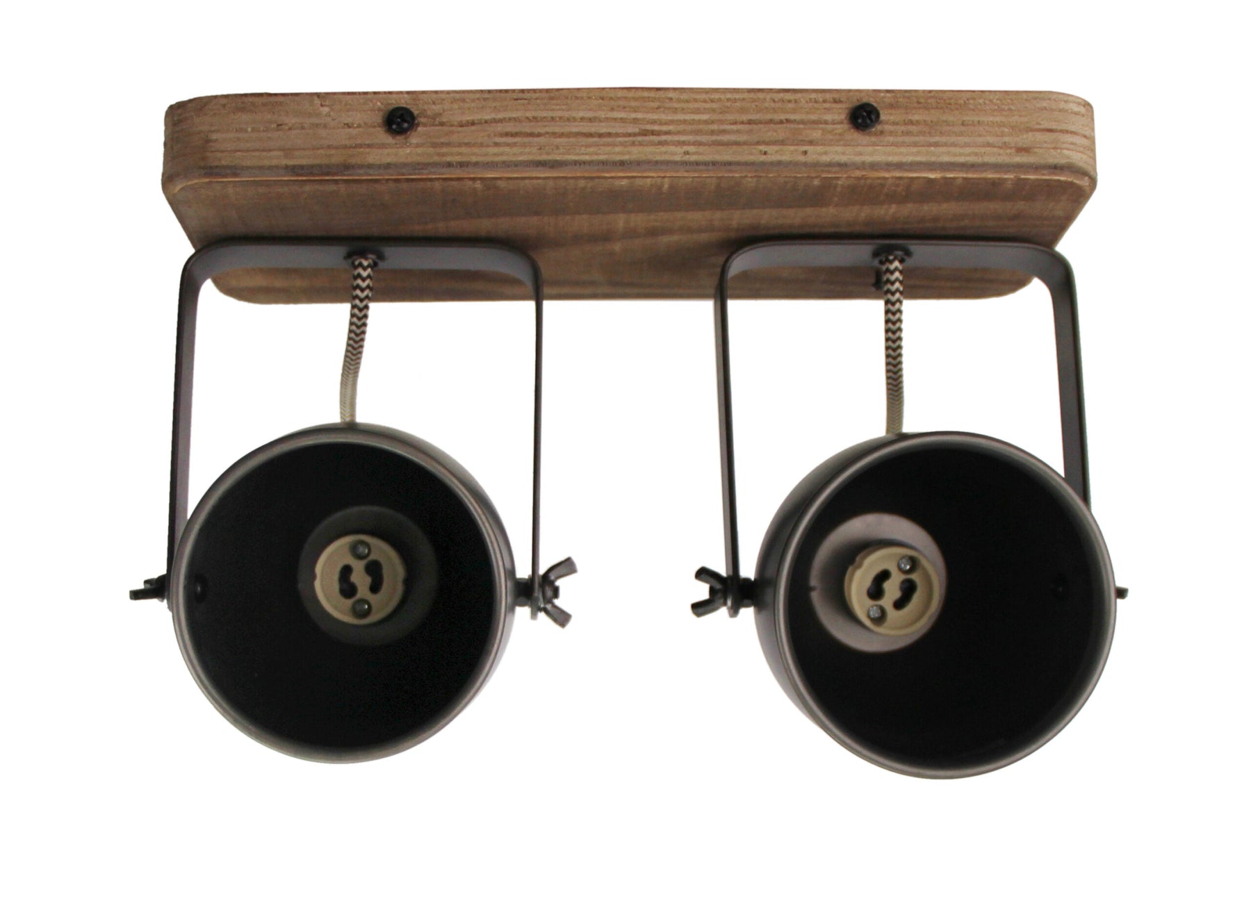 Vooraanzicht Chericoni Dolce plafondspot 2-lichts, zwart-brons met vintage hout, Ø9 cm, stijlvolle industrieel designspot.