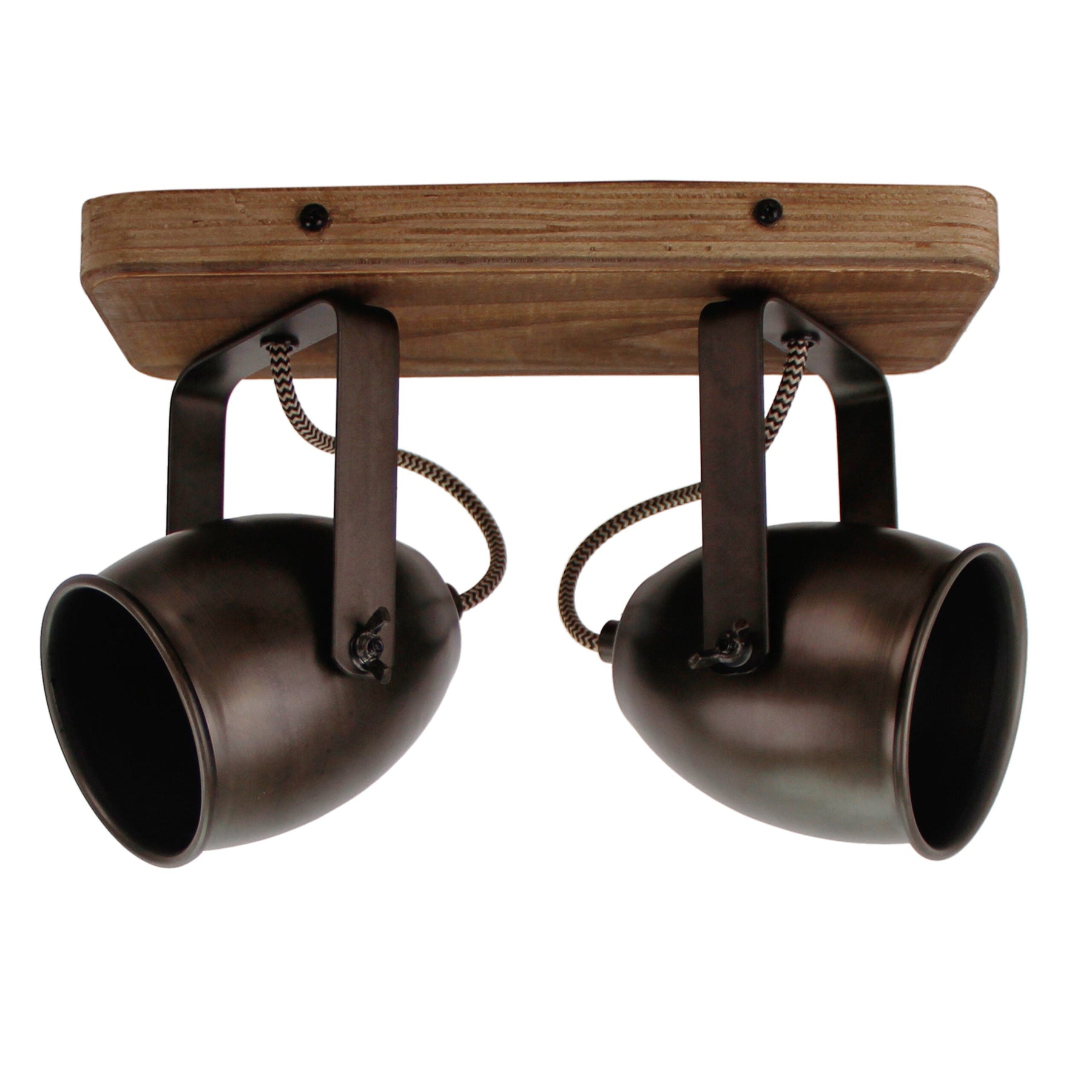 Vooraanzicht Chericoni Dolce plafondspot 2-lichts, zwart-brons met vintage hout, Ø9 cm, stijlvolle industrieel designspot.