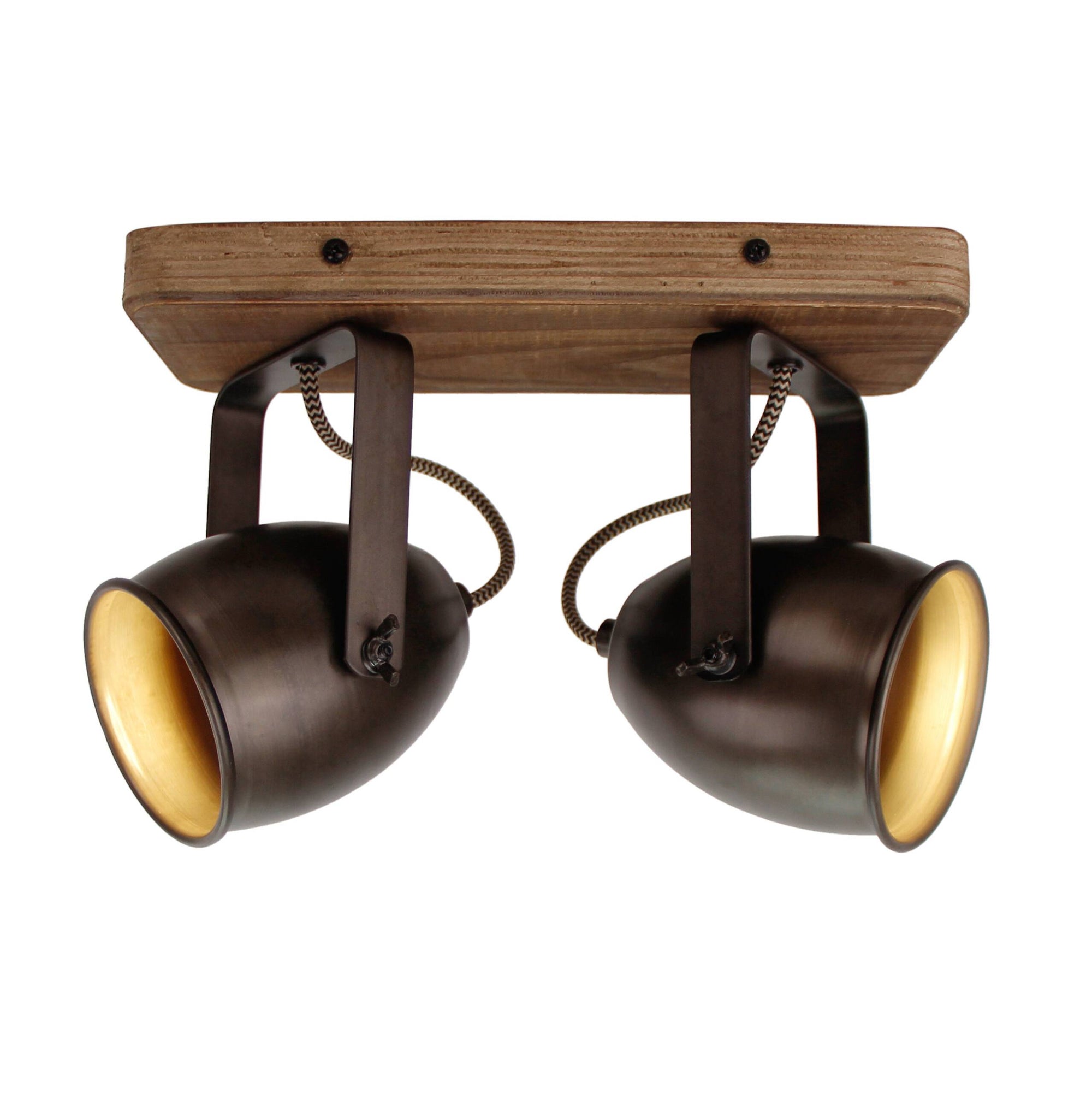 Zwarte Chericoni Dolce plafondspot met 2 lichten, bronskleurige afwerking en vintage houtdetail, Ø9 cm, GU10 fitting.