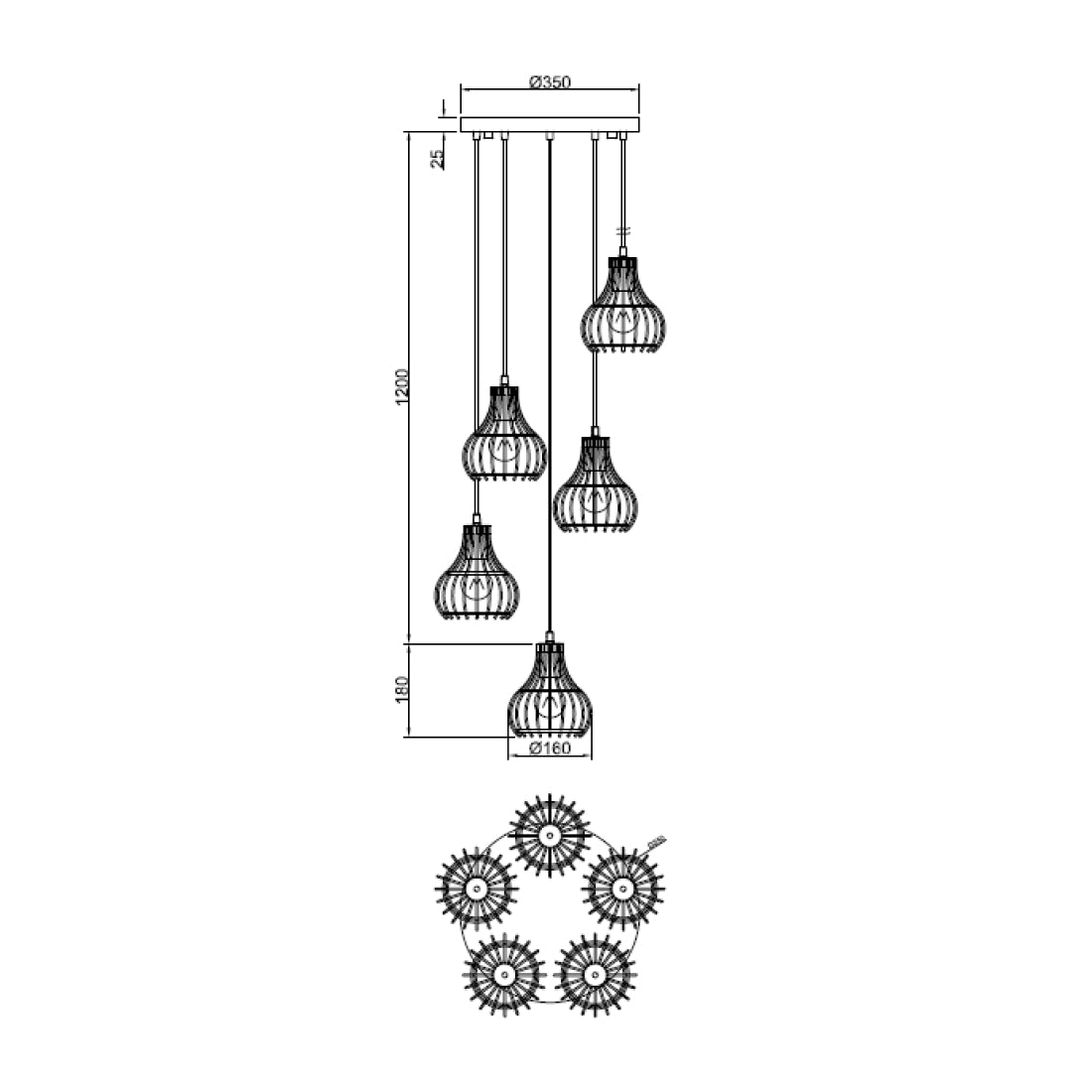 Design hanglamp Ø16 cm kappen – Chericoni Goccia – 5 lichts – zwart metaal