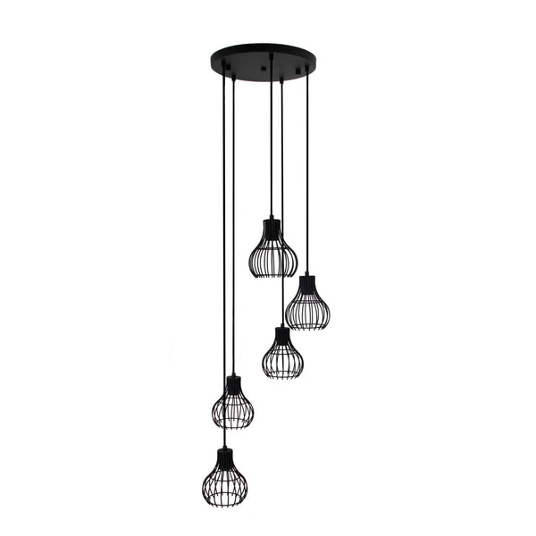 Chericoni Goccia – zwarte 5-lichts hanglamp – metalen kappen Ø16 cm – E27 fitting