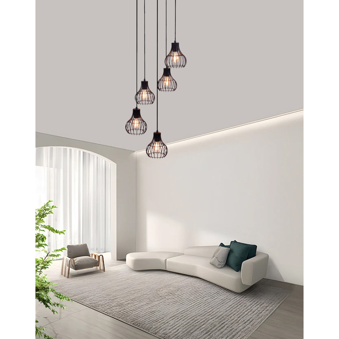Moderne 5-lichts hanglamp Chericoni Goccia – zwart metaal – kappen Ø16 cm – E27