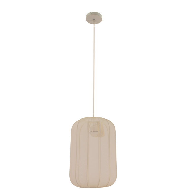 Lecce hanglamp met luchtige, afgeronde textielkap die warm en zacht licht verspreidt.