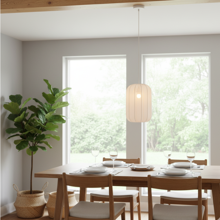 Chericoni Lecce hanglamp in natuurlijke textiele kap, passend bij Japandi interieurstijl.