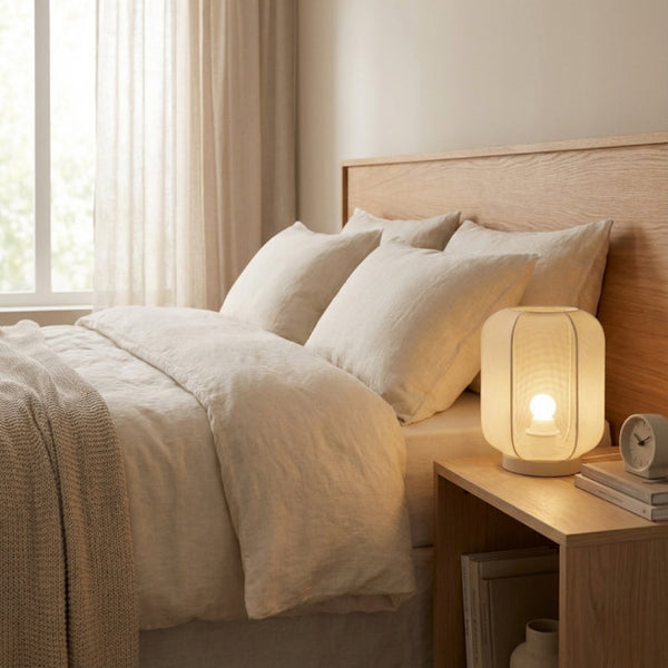 Tafellamp uit de Lecce serie van Chericoni in Japandi stijl, compact en elegant met zachte uitstraling.