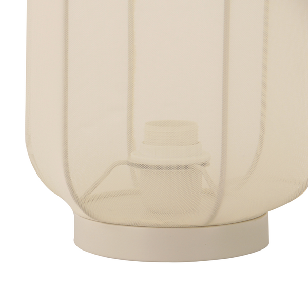 Compacte Japandi tafellamp met textiele kap op een dressoir of bijzettafel.