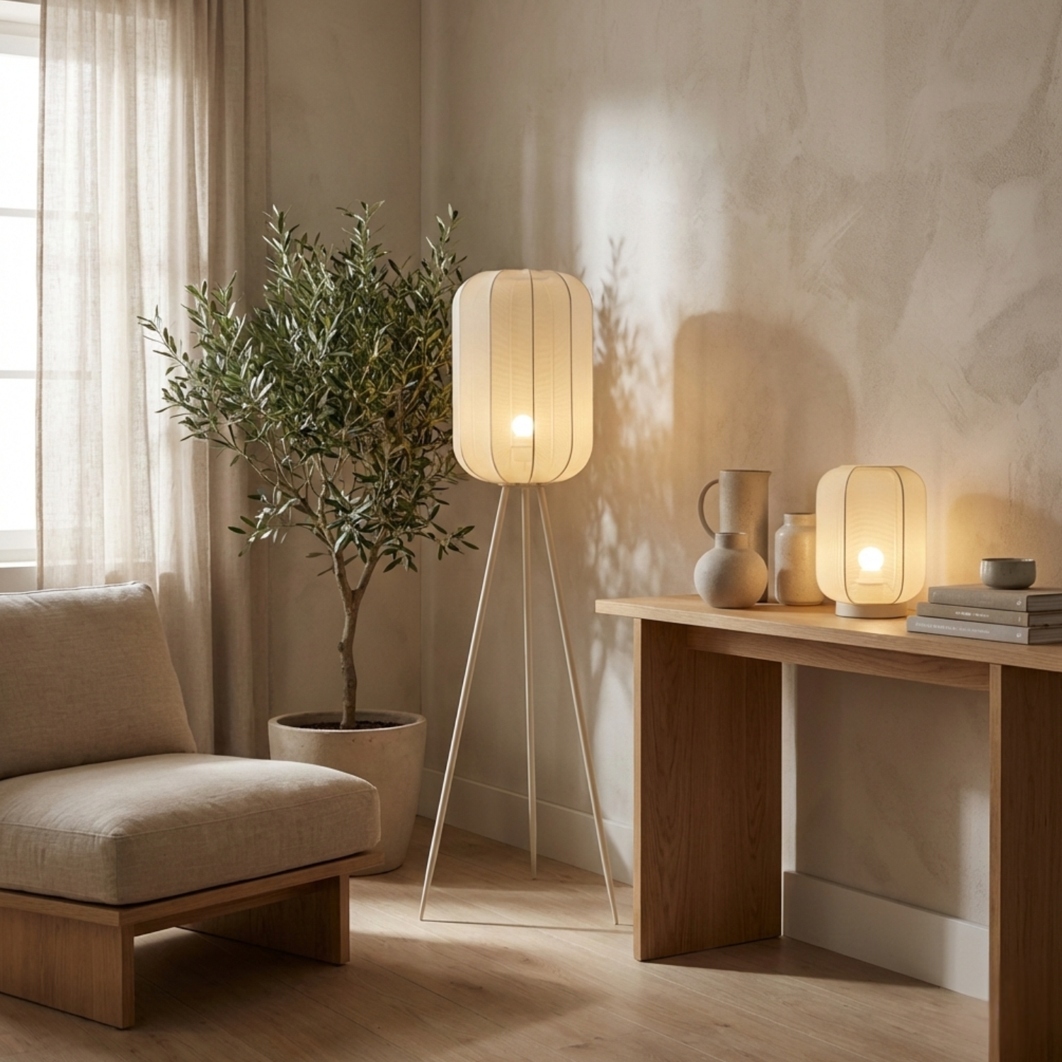 Lampada da terra Chericoni Lecce - Ø32 cm - 1 luce - Natura - Crema/Beige - Stile Japandi
