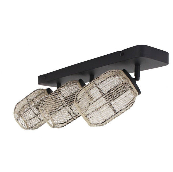 Chericoni Nature Jute plafondspot, 3 lichts, Ø11 cm, E14, bamboe en hout, zijaanzicht met natuurlijke uitstraling.