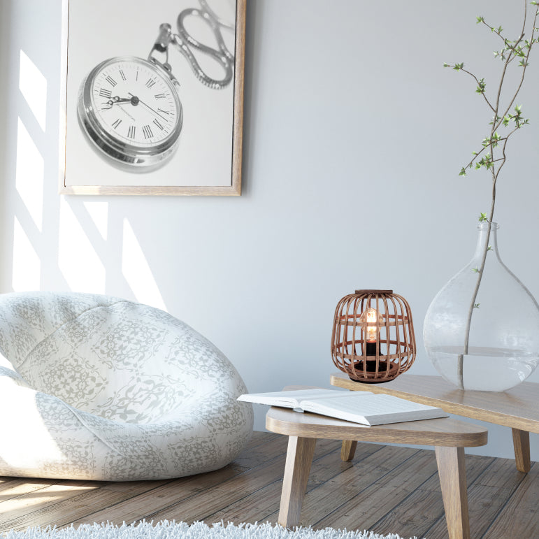 Runde Nature Trapeze Tischlampe, Ø22 cm, 1-flammig, Bambus Holz, ideal für gemütliche Wohnräume.