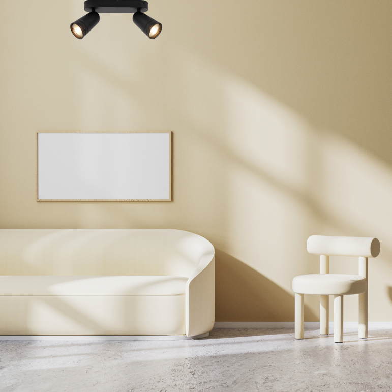 Stijlvolle zwarte Chericoni Spero plafondspot met 2 lichtpunten en modern design.