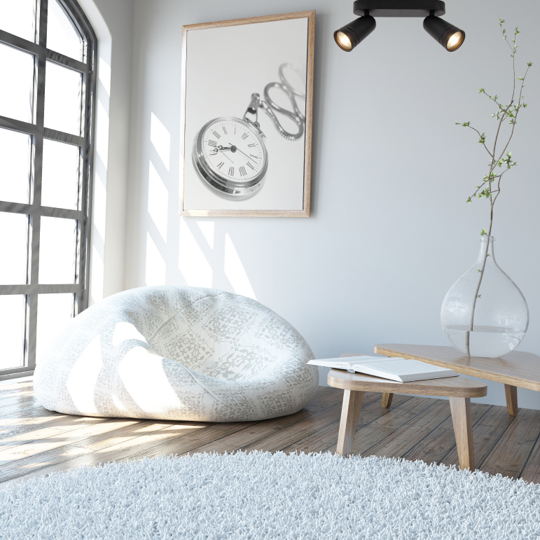 Stijlvolle zwarte Chericoni Spero plafondspot met 2 lichtpunten en modern design.