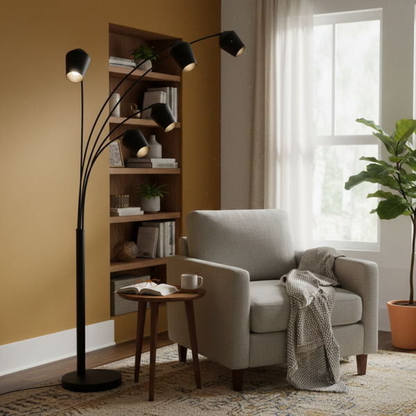 Chericoni Tavola Vloerlamp Zwart Staal - 5-Lichts Staande Lamp - E27 Fittingen - Industrieel & Modern - Voor Woonkamer, Slaapkamer of Kantoor